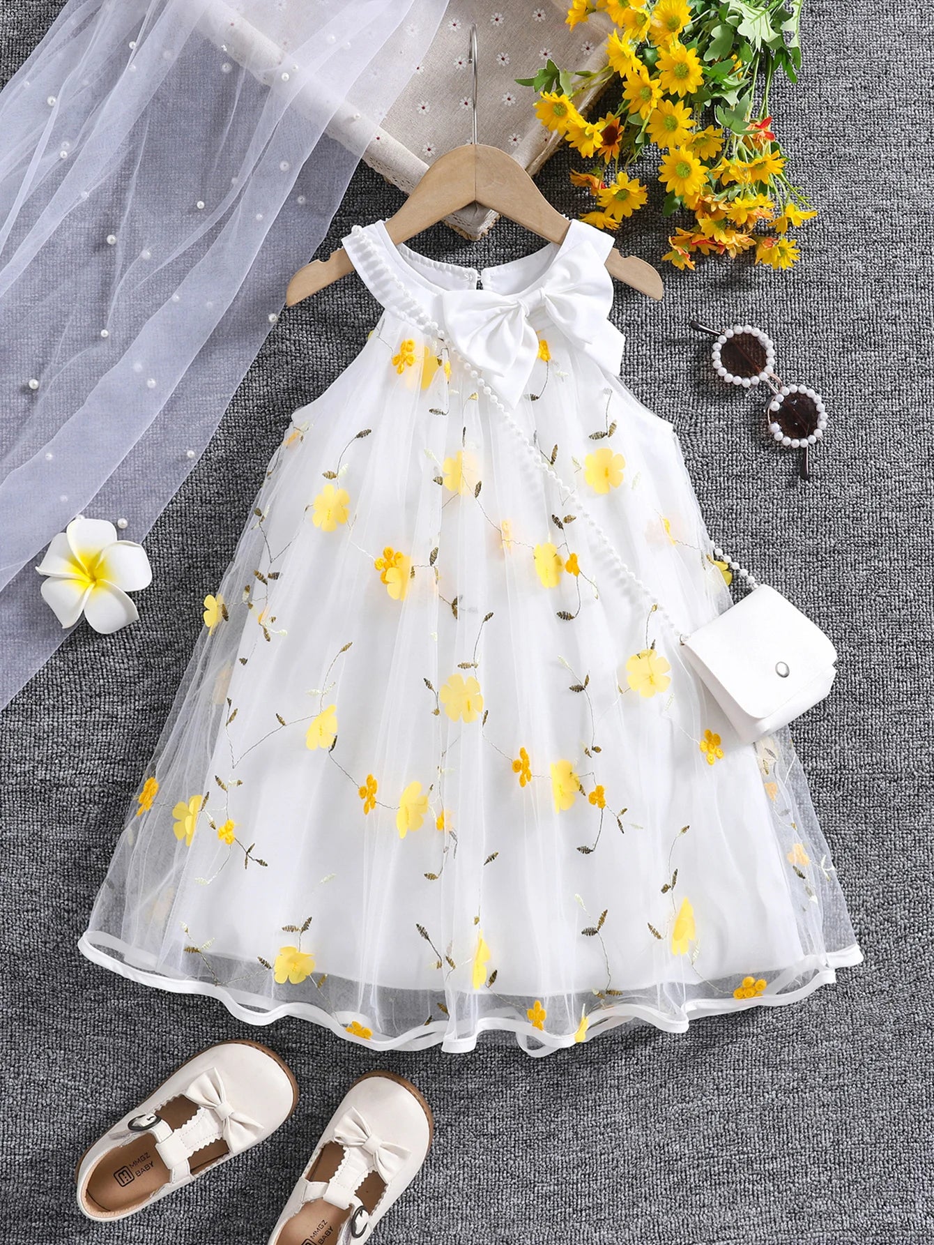 Girls' Summer Halter Dress with 3D Flowers & Bag