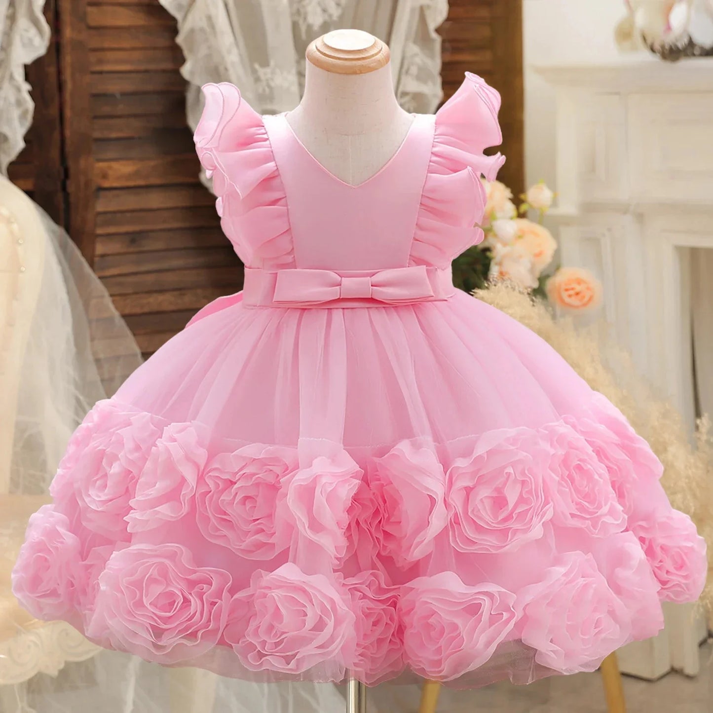 Flower Girl Party Dress with Bow & Flying Sleeves