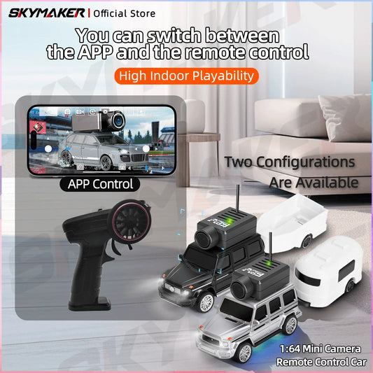 FPV Mini Car Toy – 1:64 RC Camera Car with LED Ambient Lights