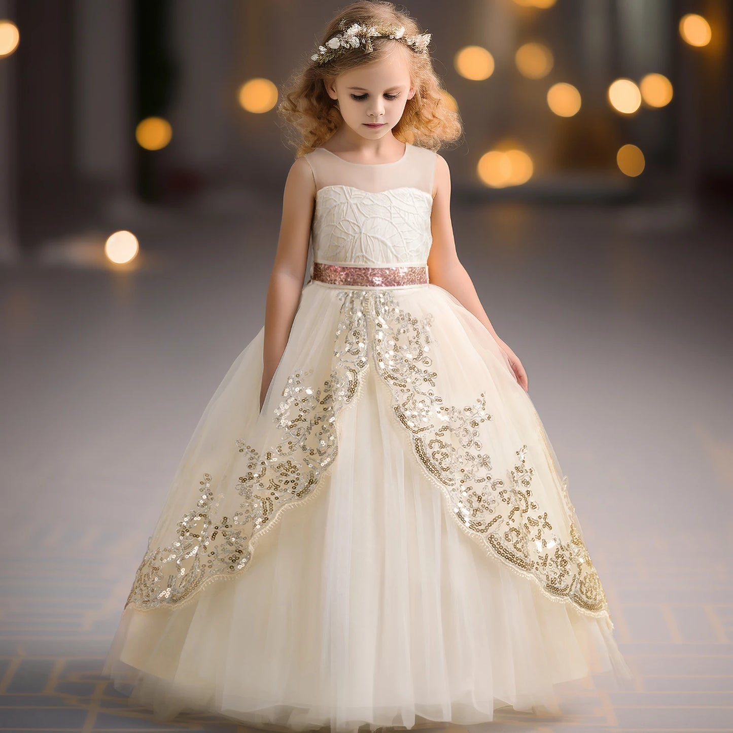 Girls Elegant Lace Wedding & Party Princess Dress