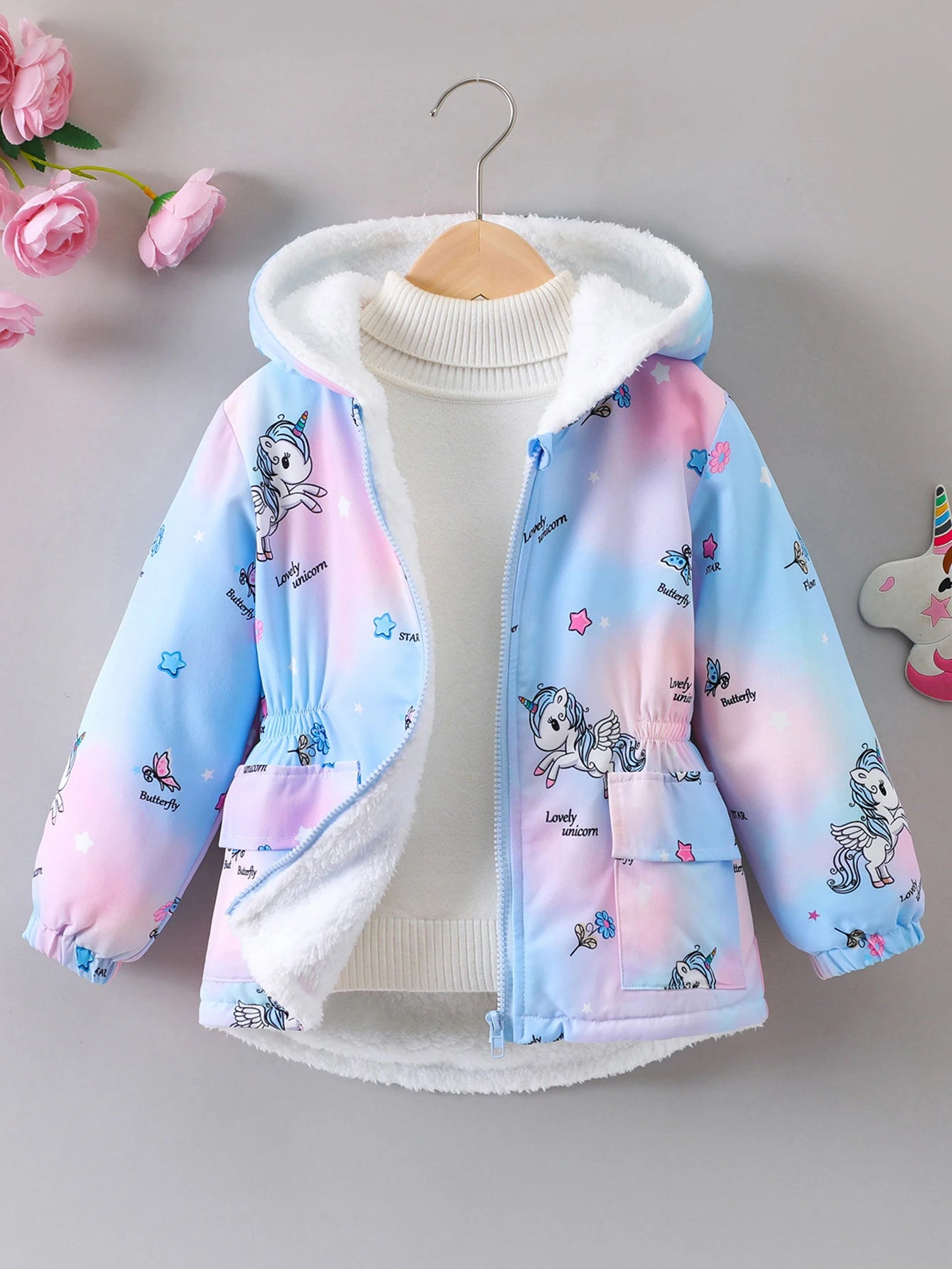 Girls’ Plush Hooded Coat – Cartoon Print & Zipper