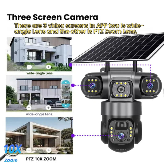4G Solar Security Camera – 3 Lens, 10X Zoom, Night Vision