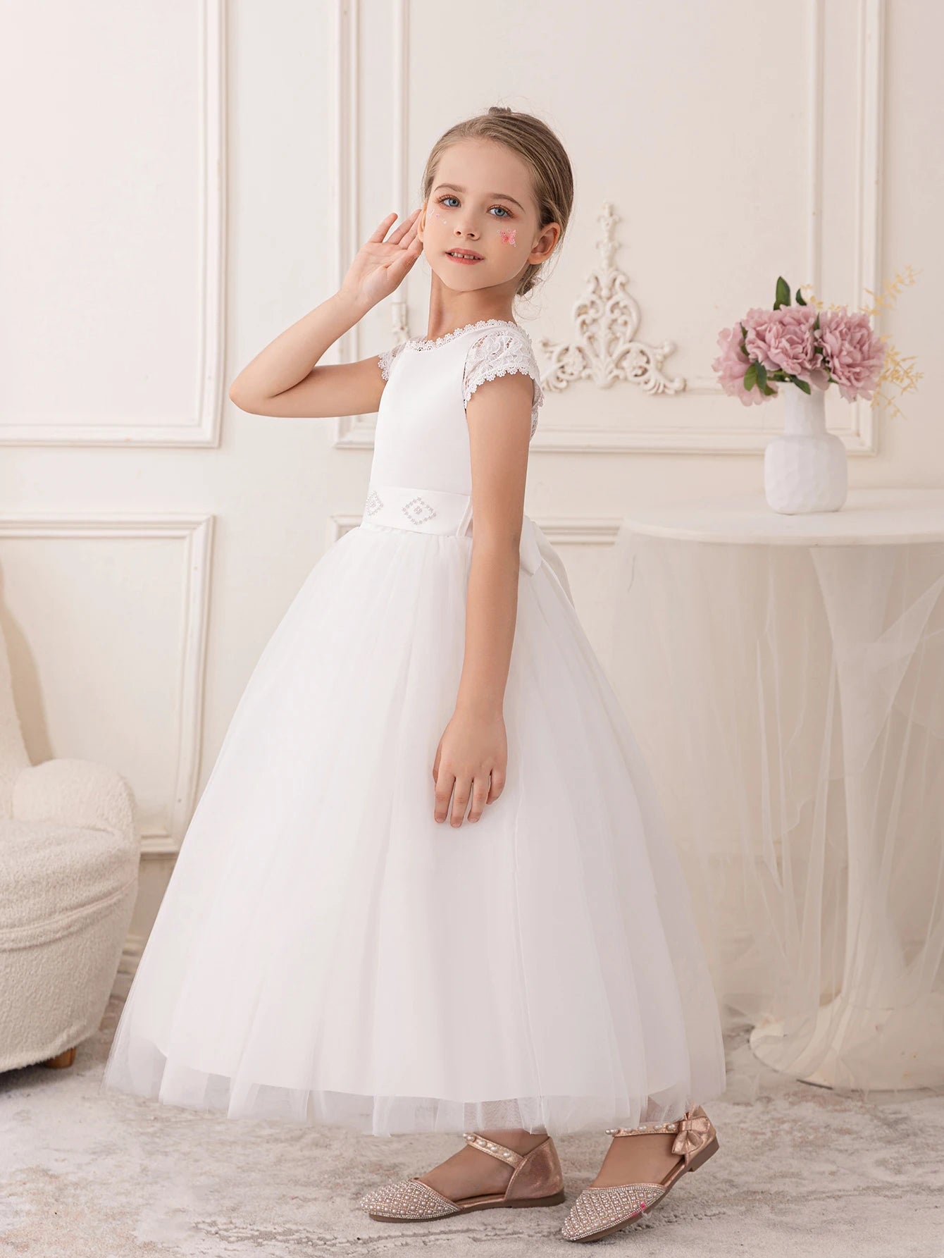 Girls’ Long White Gauze Lace Party Dress