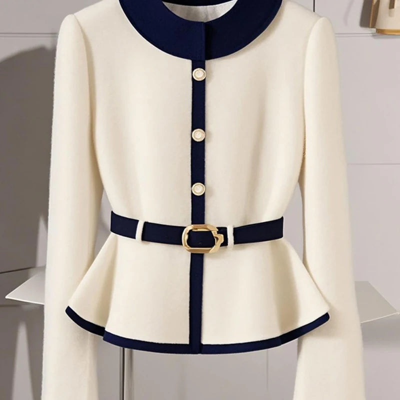 High-End Waistline Knit Coat – Single-Breasted Style