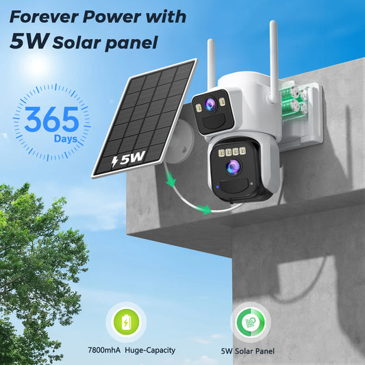 8MP Solar Security Camera | Dual Lens | WiFi | PIR Detection | Color Night Vision