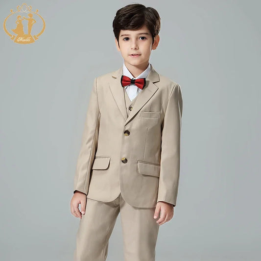 Boys’ 3-Piece Formal Suit – Khaki Coat, Vest & Pants | Wedding & Party Outfit