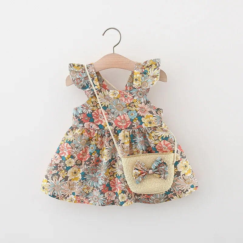 Girls’ Full Print Flower Halter Dress Outfit Set