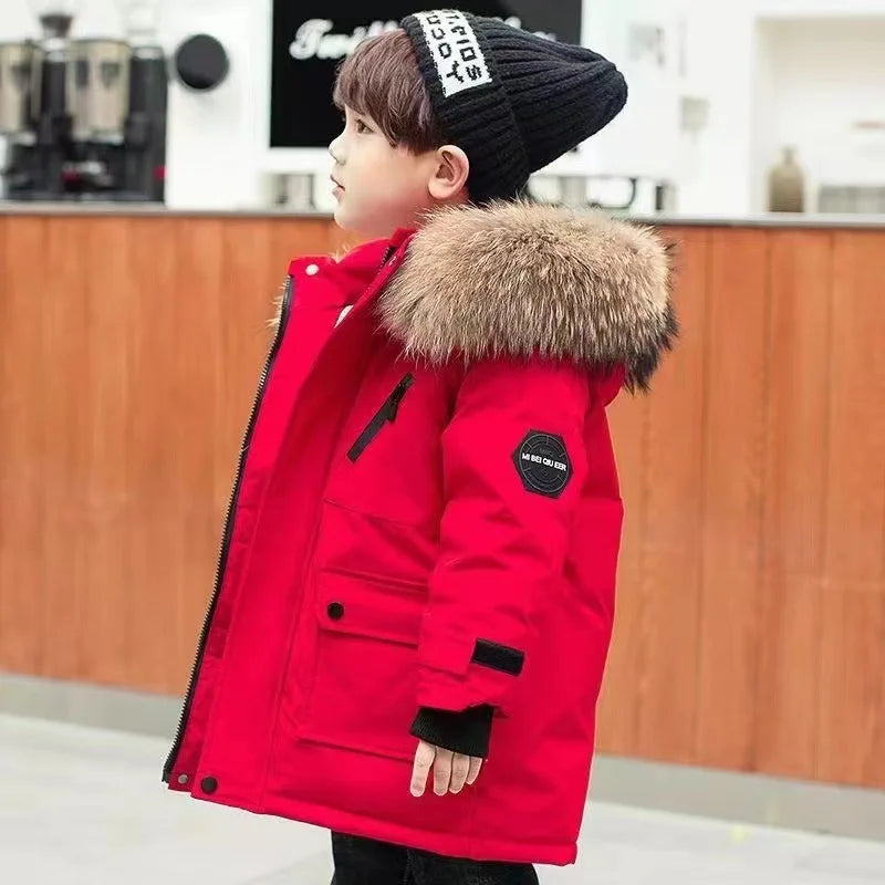 Kids’ Padded Winter Jacket – Thick Fur Collar Hooded Parka, Warm Cotton Coat for Boys & Girls
