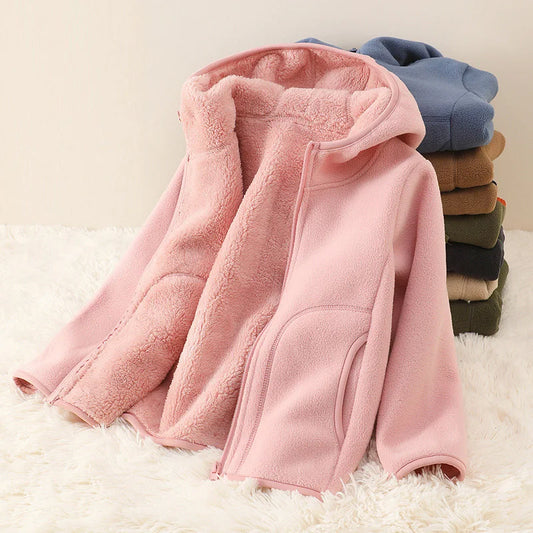 Warm Plush Velvet Jackets – Kids’ Hooded Winter Coat for Teens