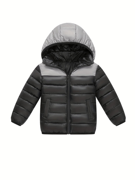 2025 New Lightweight Hooded Jacket – Black & Grey Color-Block, Polyester Lined Winter Coat