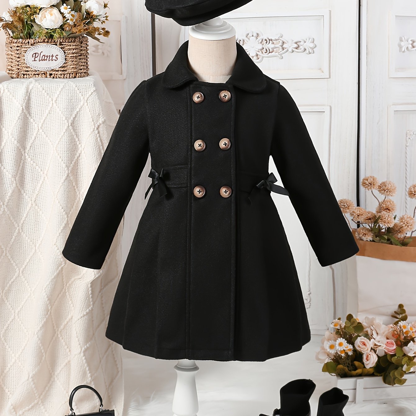 Girls' Autumn and Winter Warm Fashion Bow Double-Breasted Tweed Long Coat with Hat Accessory