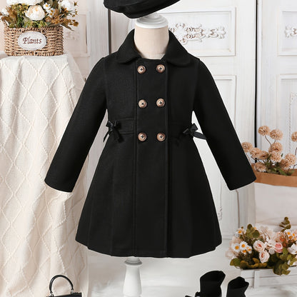 Girls' Autumn and Winter Warm Fashion Bow Double-Breasted Tweed Long Coat with Hat Accessory
