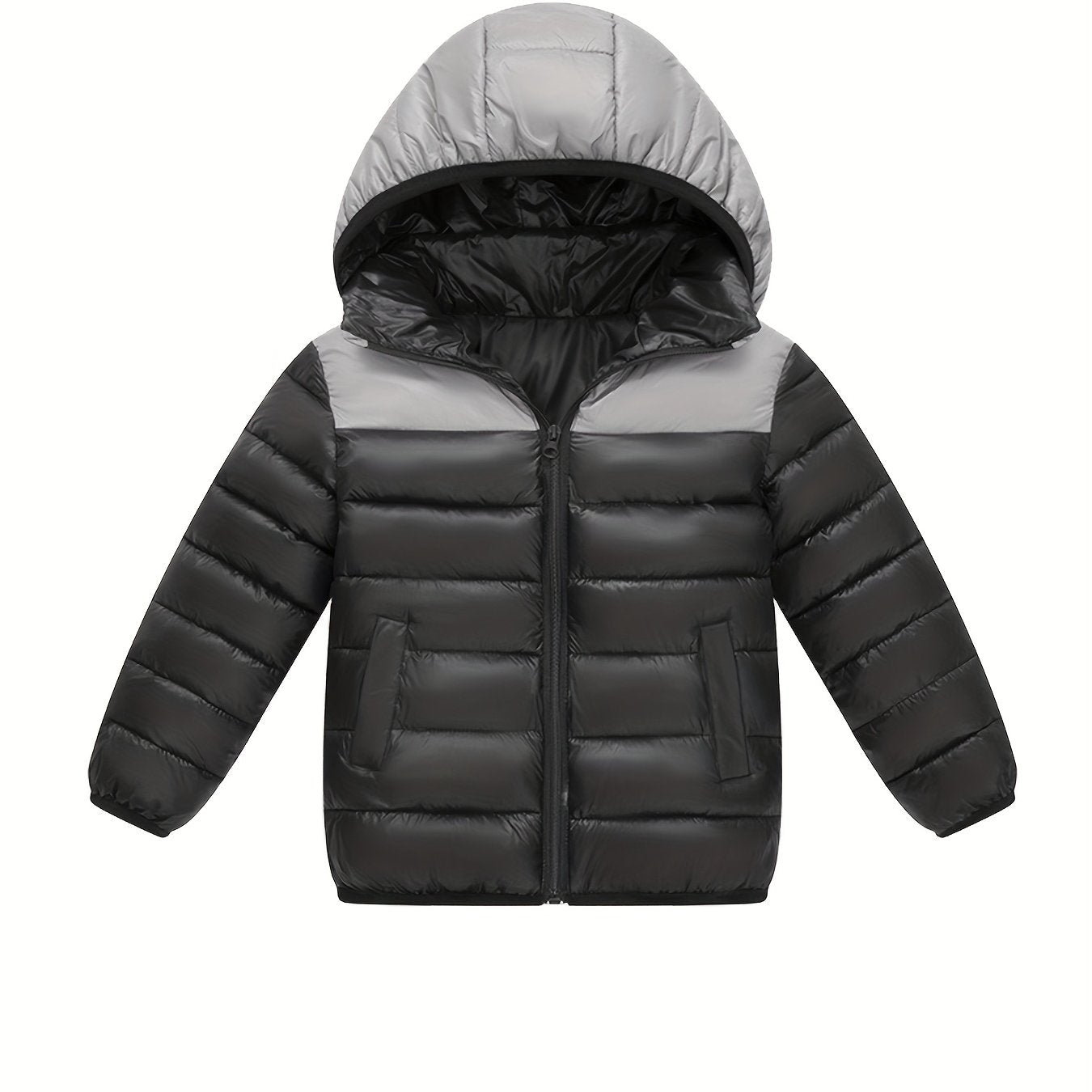 2025 New Lightweight Hooded Jacket – Black & Grey Color-Block, Polyester Lined Winter Coat