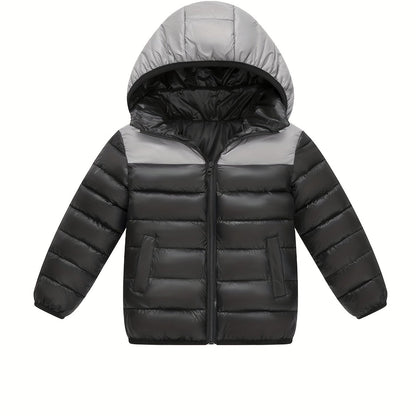 2025 New Lightweight Hooded Jacket – Black & Grey Color-Block, Polyester Lined Winter Coat
