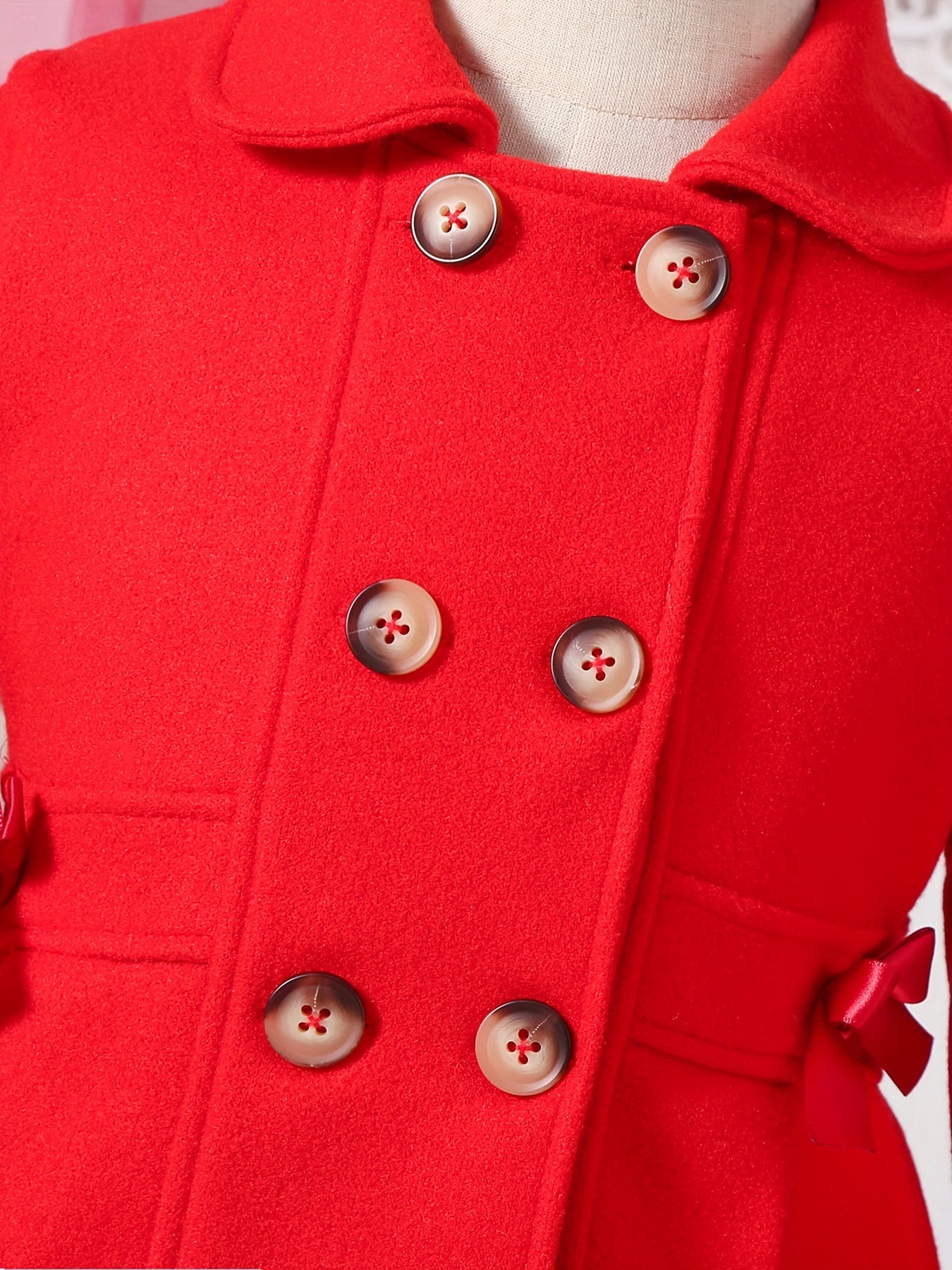 Girls' Autumn and Winter Warm Fashion Bow Double-Breasted Tweed Long Coat with Hat Accessory