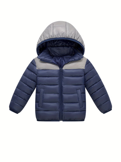 2025 New Lightweight Hooded Jacket – Black & Grey Color-Block, Polyester Lined Winter Coat