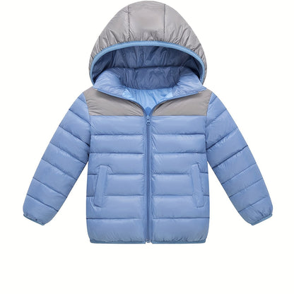 2025 New Lightweight Hooded Jacket – Black & Grey Color-Block, Polyester Lined Winter Coat