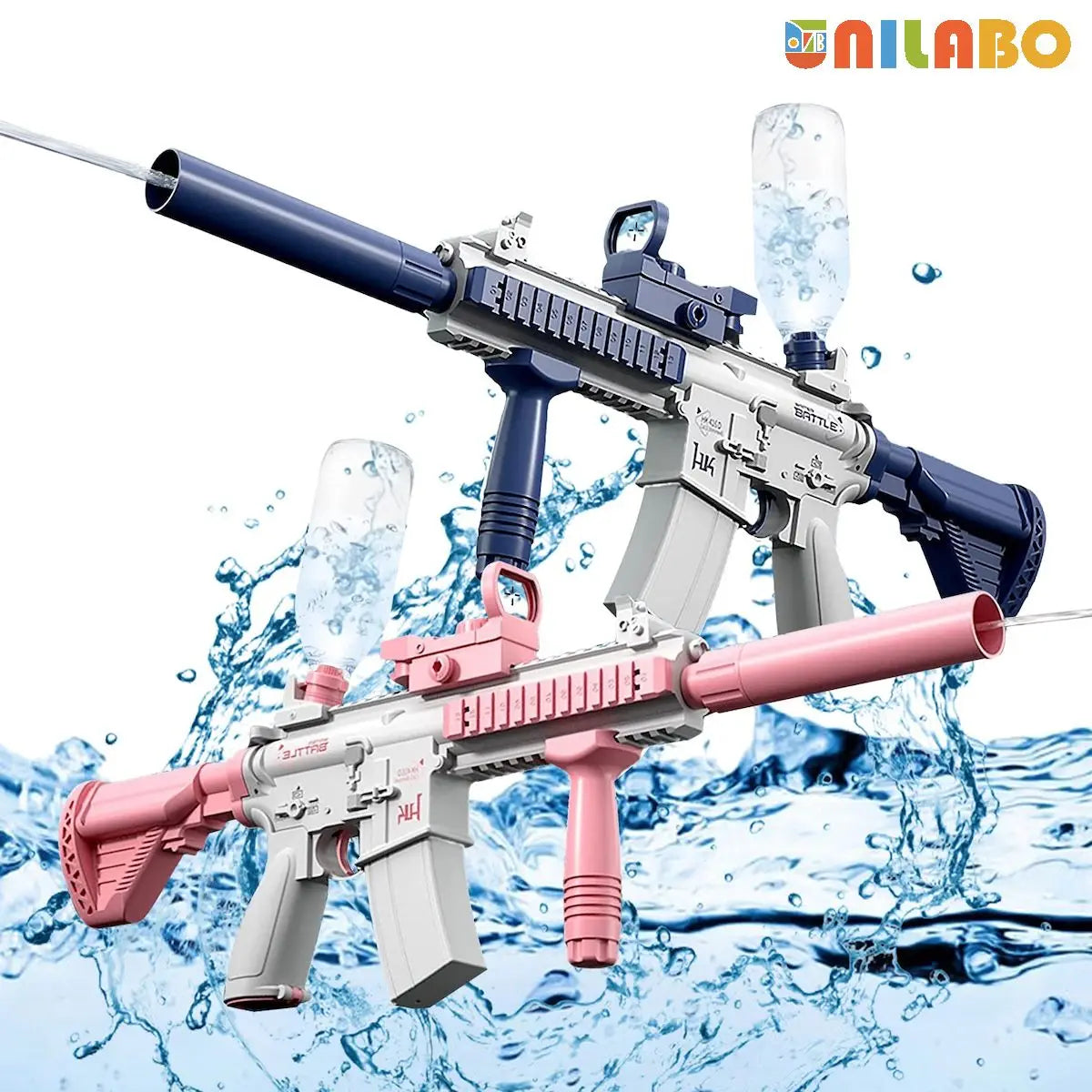 Ultra Shoppings M416 Pro electric water blaster with universal bottle connector, high-powered automatic squirt gun for outdoor fun.