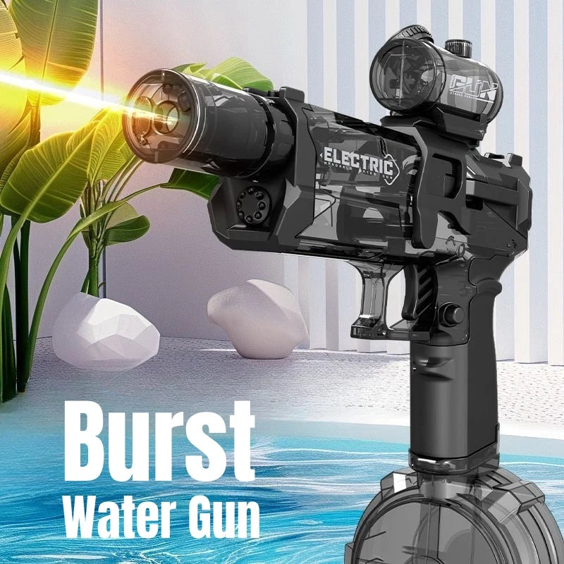 Ultra Shoppings Shadow-Strike M4 electric water cannon with LED fire simulation and large drum reservoir, ideal for summer fun.