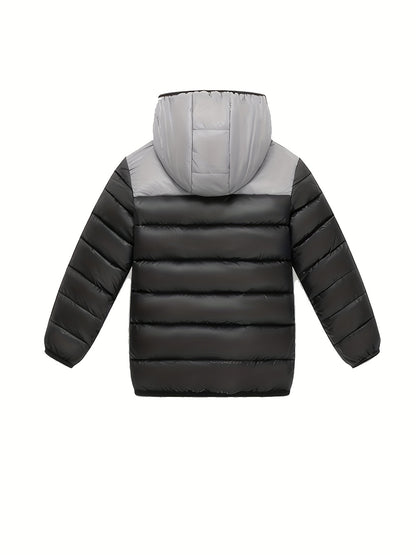 2025 New Lightweight Hooded Jacket – Black & Grey Color-Block, Polyester Lined Winter Coat