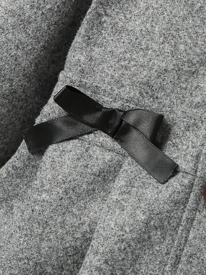 Girls' Autumn and Winter Warm Fashion Bow Double-Breasted Tweed Long Coat with Hat Accessory