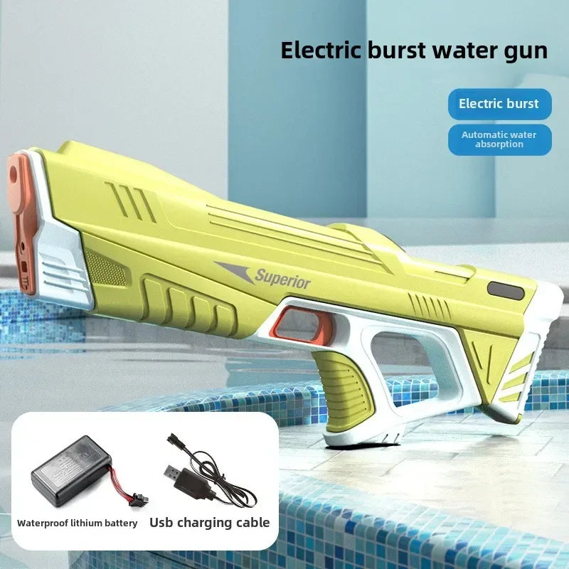 Yellow automatic electric water gun by Ultra Shoppings, featuring smart battery display and high-capacity burst for kids and adults.