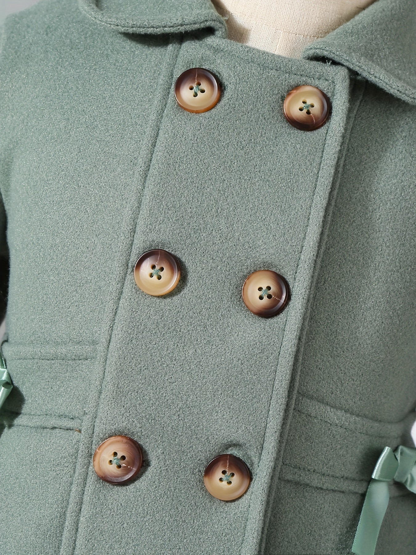 Girls' Autumn and Winter Warm Fashion Bow Double-Breasted Tweed Long Coat with Hat Accessory