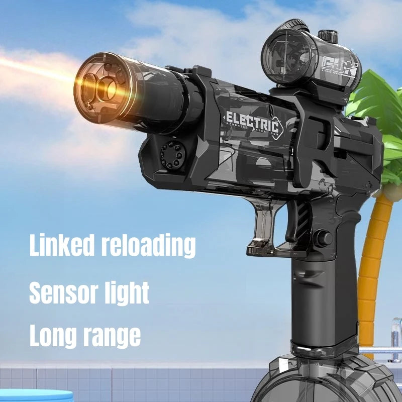 Ultra Shoppings Shadow-Strike M4 electric water cannon with LED fire simulation and large drum reservoir, perfect for summer fun.
