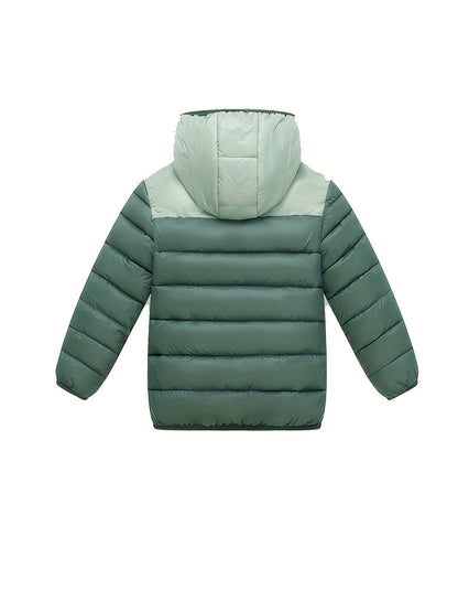 2025 New Lightweight Hooded Jacket – Black & Grey Color-Block, Polyester Lined Winter Coat