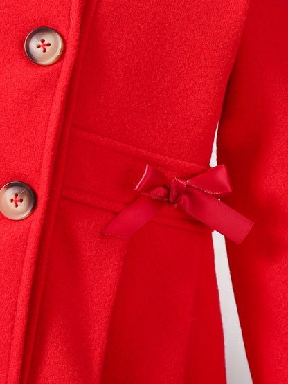 Girls' Autumn and Winter Warm Fashion Bow Double-Breasted Tweed Long Coat with Hat Accessory