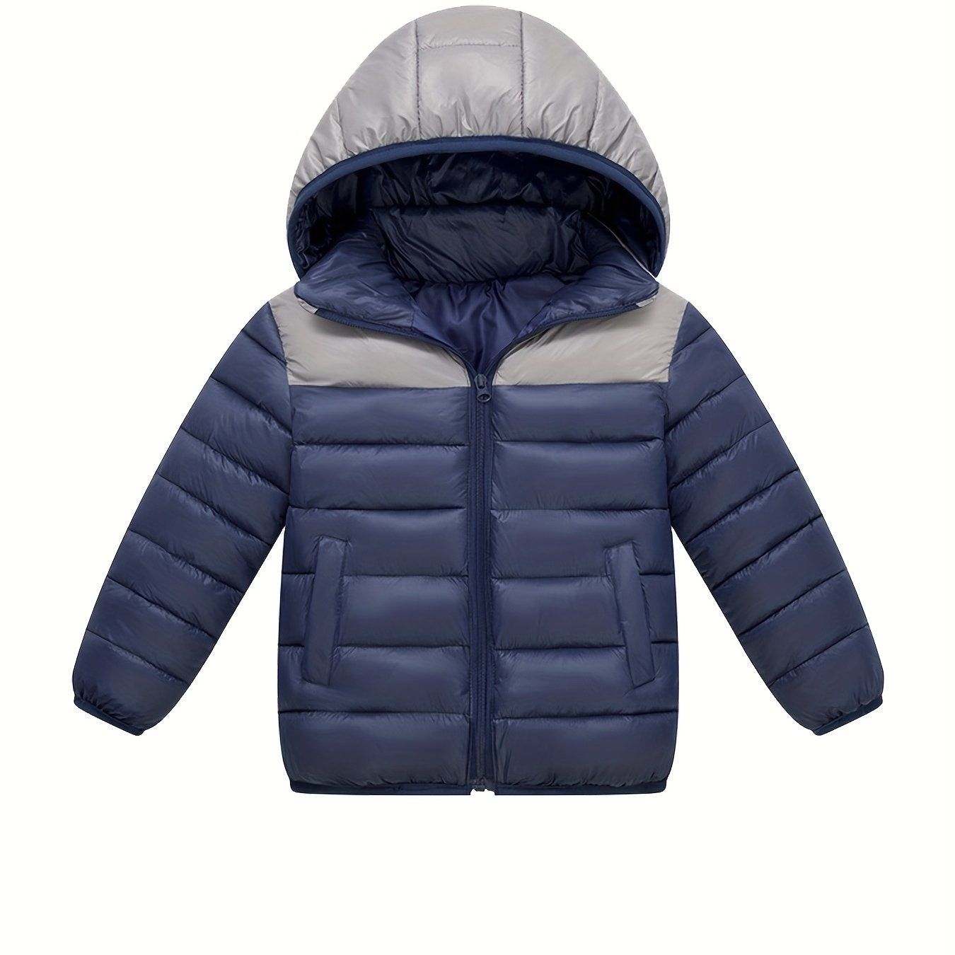 2025 New Lightweight Hooded Jacket – Black & Grey Color-Block, Polyester Lined Winter Coat
