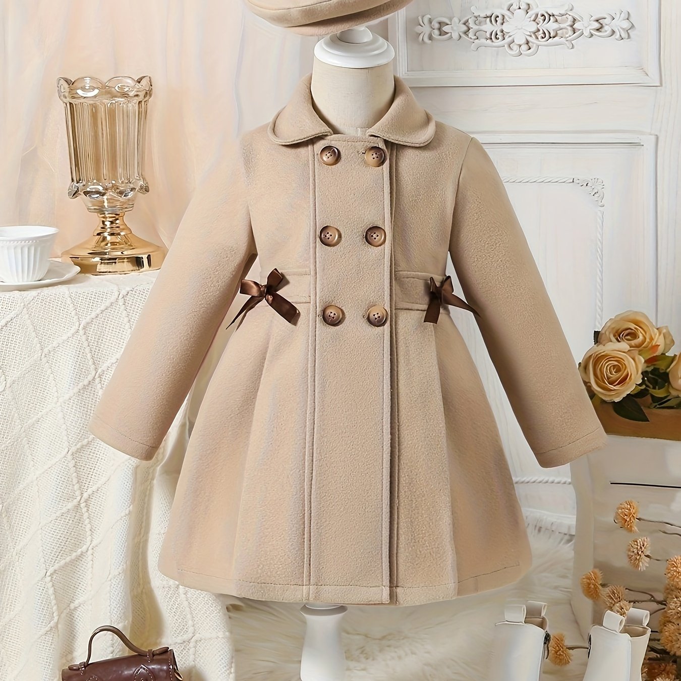 Girls' Autumn and Winter Warm Fashion Bow Double-Breasted Tweed Long Coat with Hat Accessory