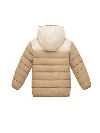 2025 New Lightweight Hooded Jacket – Black & Grey Color-Block, Polyester Lined Winter Coat