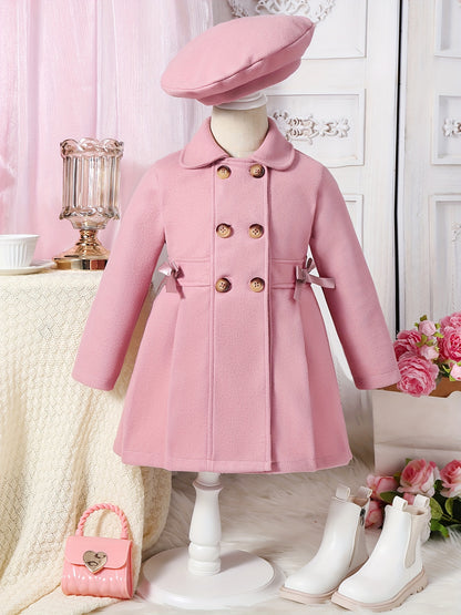 Girls' Autumn and Winter Warm Fashion Bow Double-Breasted Tweed Long Coat with Hat Accessory