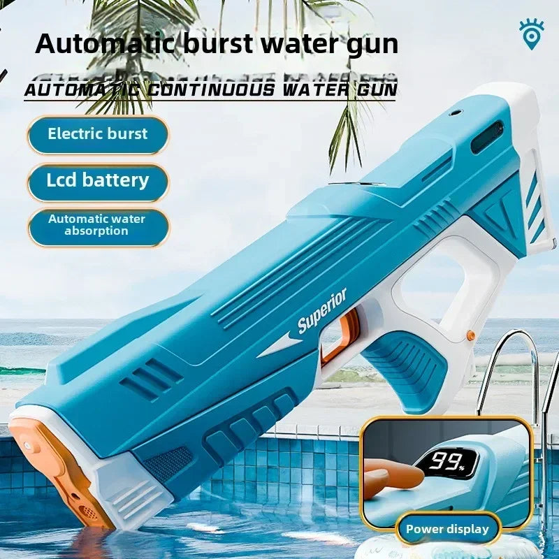 Electric water gun by Ultra Shoppings with smart battery display, high-capacity burst, and self-filling water for kids and adults.