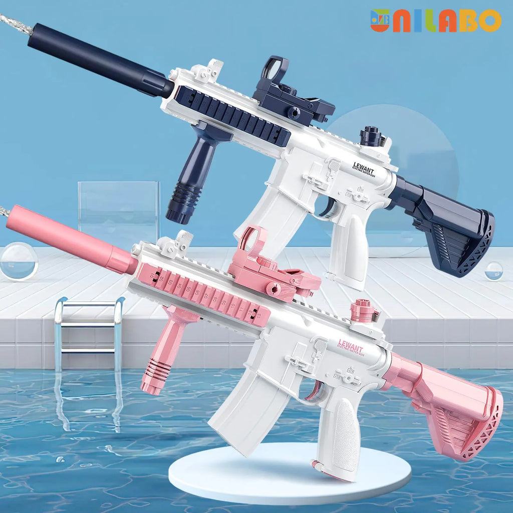 Ultra Shoppings M416 Pro electric water blaster with universal bottle connector, showing high-powered automatic squirt gun in action