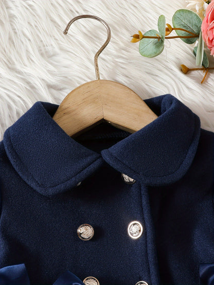 Charming Girls’ Coat – Bow Detail, Double-Breasted, Long Sleeve, Perfect for Fall & Winter