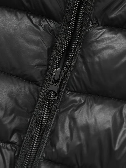 2025 New Lightweight Hooded Jacket – Black & Grey Color-Block, Polyester Lined Winter Coat