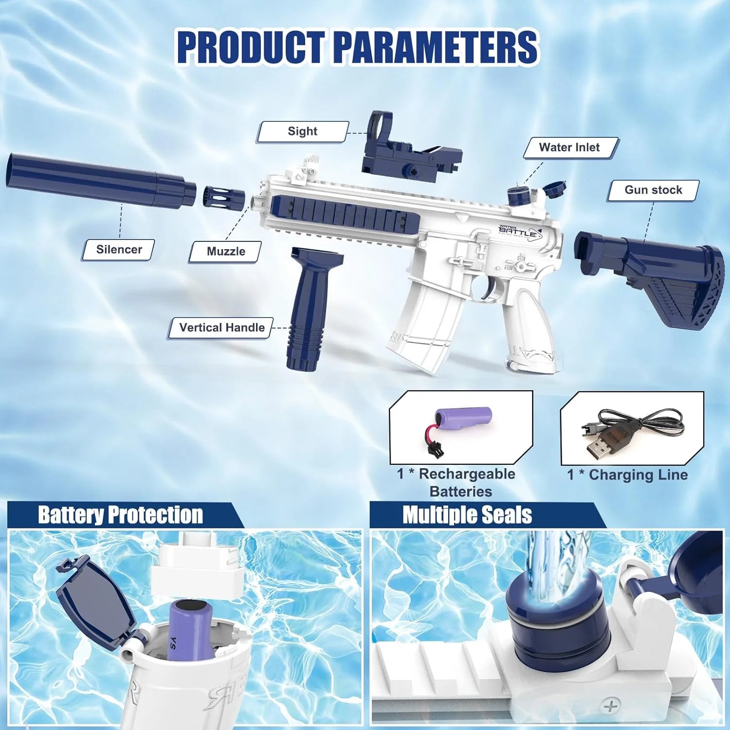 Ultra Shoppings M416 Pro Electric Water Blaster with universal bottle connector, high-powered automatic squirt gun for outdoor fun.