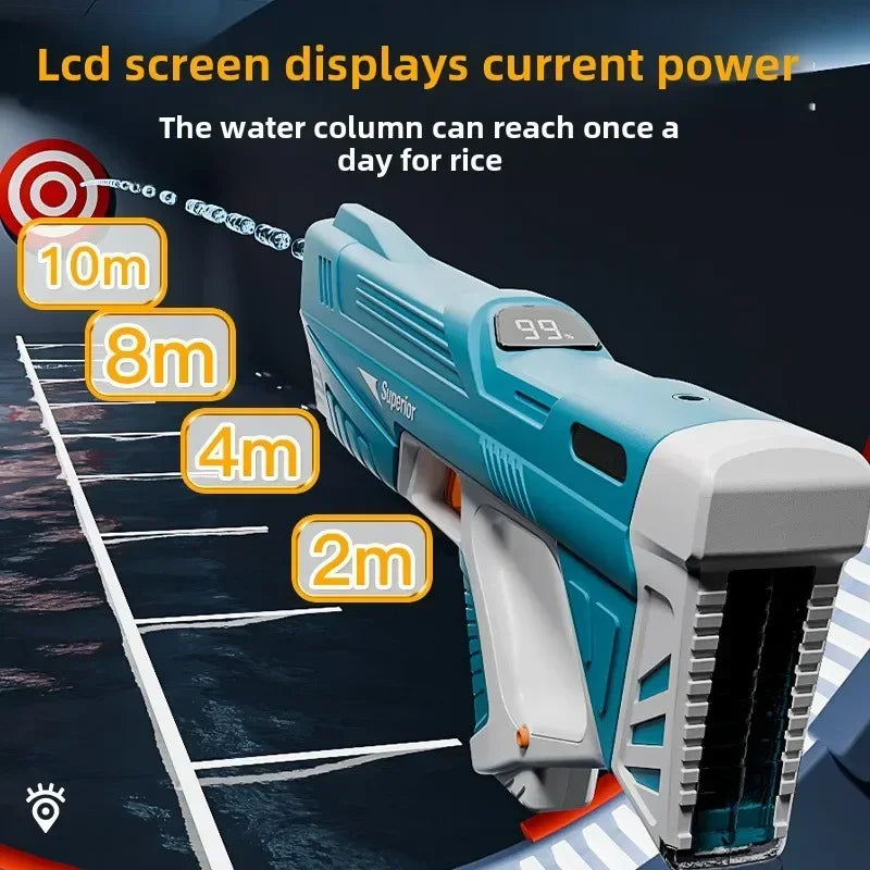 Electric water gun for adults and kids by Ultra Shoppings, featuring a smart battery display, high-capacity burst, and self-filling water tank.