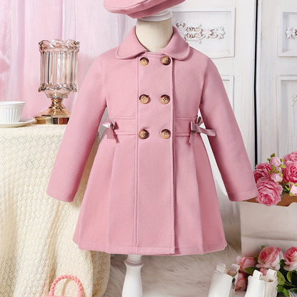 Girls' Autumn and Winter Warm Fashion Bow Double-Breasted Tweed Long Coat with Hat Accessory