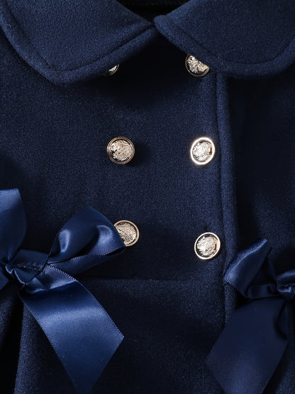 Charming Girls’ Coat – Bow Detail, Double-Breasted, Long Sleeve, Perfect for Fall & Winter