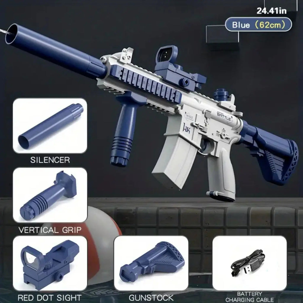 Ultra Shoppings M416 Pro electric water blaster with automatic squirt gun and universal bottle connector, ready for water play.