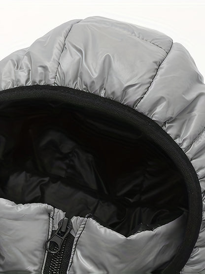 2025 New Lightweight Hooded Jacket – Black & Grey Color-Block, Polyester Lined Winter Coat