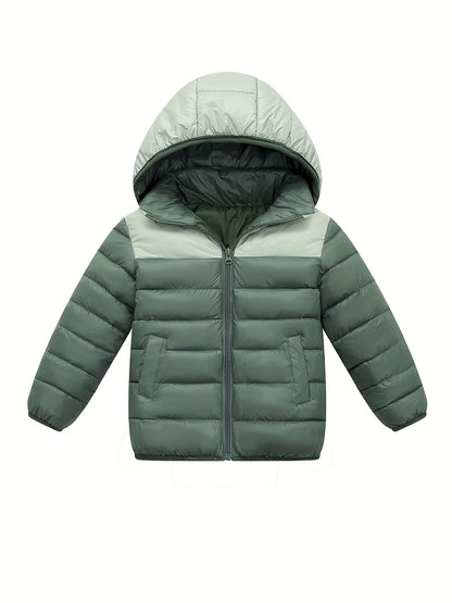 2025 New Lightweight Hooded Jacket – Black & Grey Color-Block, Polyester Lined Winter Coat