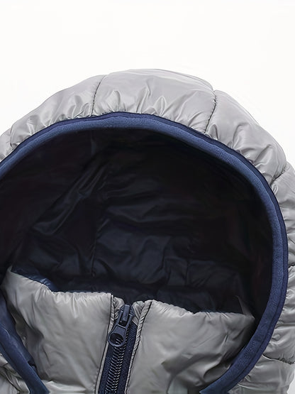 2025 New Lightweight Hooded Jacket – Black & Grey Color-Block, Polyester Lined Winter Coat