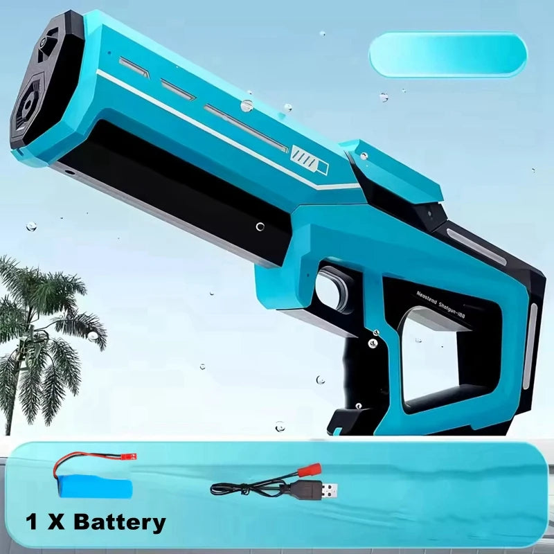 Blue AquaBlast Pro electric water gun by Ultra Shoppings with battery compartment, high-powered suction, and rapid-fire water blasting.