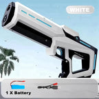 White AquaBlast Pro electric water gun with battery compartment, high-powered suction and rapid-fire water blasting for kids and adults.
