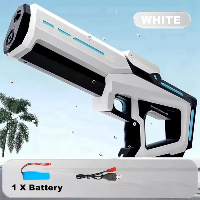 White AquaBlast Pro electric water gun with battery compartment, high-powered suction and rapid-fire water blasting for kids and adults.