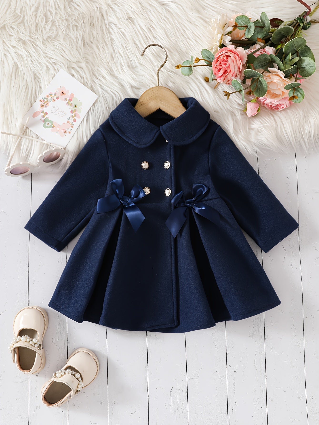 Charming Girls’ Coat – Bow Detail, Double-Breasted, Long Sleeve, Perfect for Fall & Winter